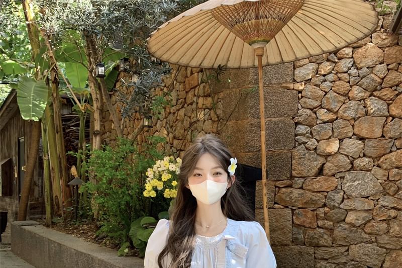 Lace Crew Blouse Neck Bow Trim Puff-Sleeve Accent