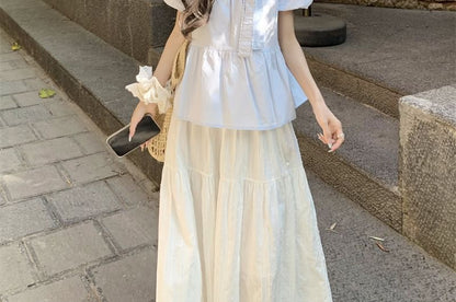 Lace Crew Blouse Neck Bow Trim Puff-Sleeve Accent