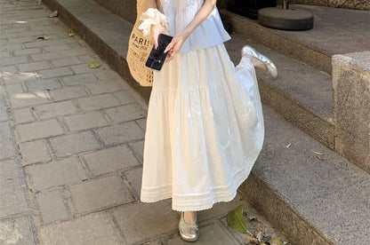 Lace Crew Blouse Neck Bow Trim Puff-Sleeve Accent