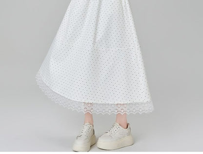 Panel Lace Midi Skirt Waist High A-Line Dotted