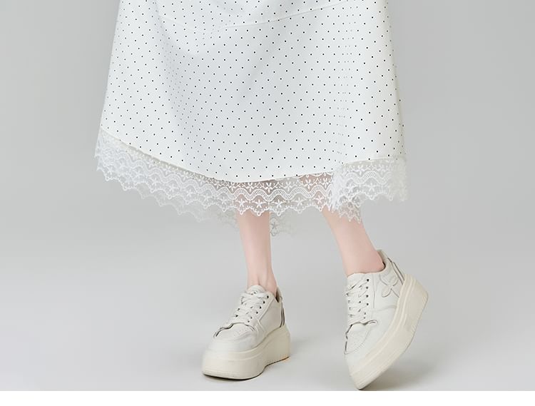 Panel Lace Midi Skirt Waist High A-Line Dotted