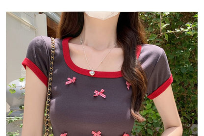 Contrast Scoop Crop Short-Sleeve Accent Neck Trim T-Shirt Bow