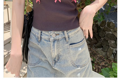 Contrast Scoop Crop Short-Sleeve Accent Neck Trim T-Shirt Bow