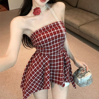 Plaid Tube Top Asymmetrical Ruched