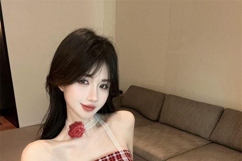 Plaid Tube Top Asymmetrical Ruched