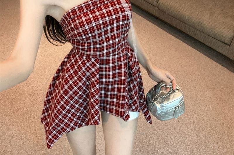 Plaid Tube Top Asymmetrical Ruched