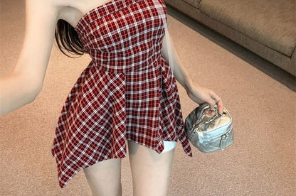 Plaid Tube Top Asymmetrical Ruched