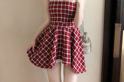 Plaid Tube Top Asymmetrical Ruched