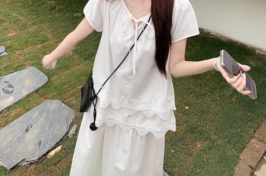 Neck Tie Short-Sleeve Panel Plain Front Layered Notch Blouse Lace