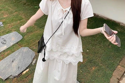 Neck Tie Short-Sleeve Panel Plain Front Layered Notch Blouse Lace