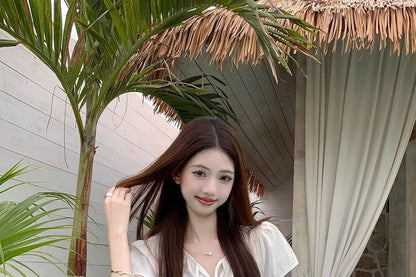 Neck Tie Short-Sleeve Panel Plain Front Layered Notch Blouse Lace