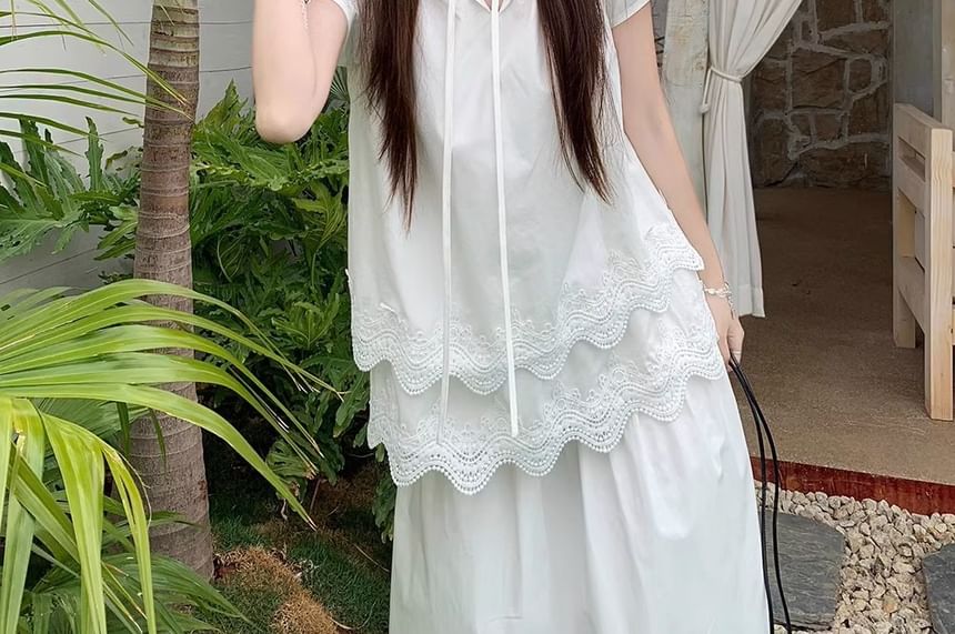 Neck Tie Short-Sleeve Panel Plain Front Layered Notch Blouse Lace