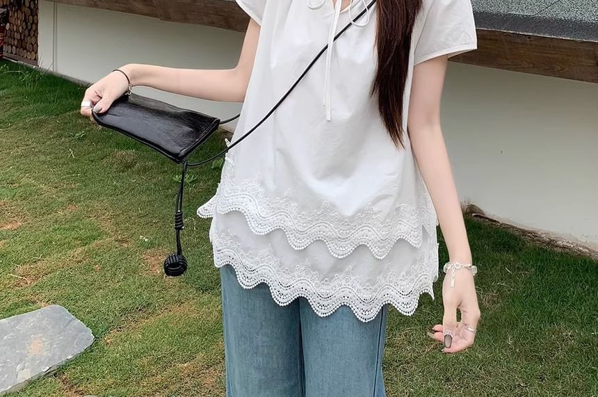 Neck Tie Short-Sleeve Panel Plain Front Layered Notch Blouse Lace