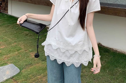 Neck Tie Short-Sleeve Panel Plain Front Layered Notch Blouse Lace