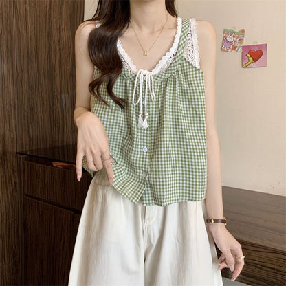 Tank Panel Top Two-Piece Button-Up V-Neck Lace Mock Crop Gingham