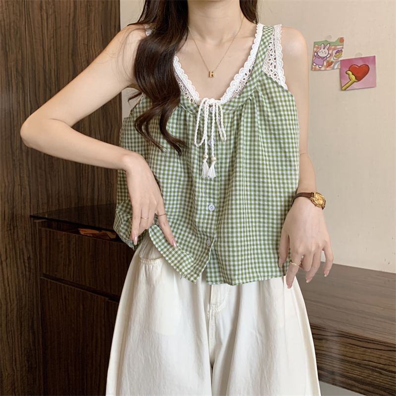 Tank Panel Top Two-Piece Button-Up V-Neck Lace Mock Crop Gingham