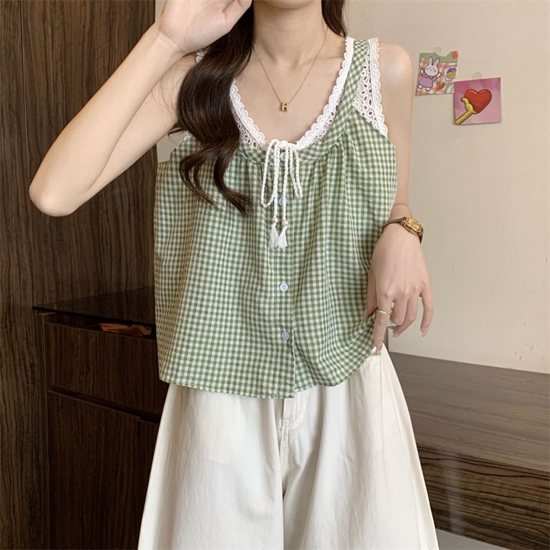 Tank Panel Top Two-Piece Button-Up V-Neck Lace Mock Crop Gingham
