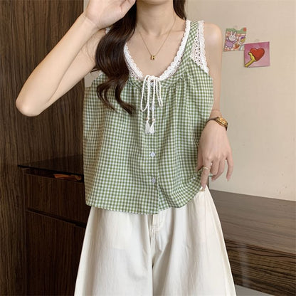 Tank Panel Top Two-Piece Button-Up V-Neck Lace Mock Crop Gingham
