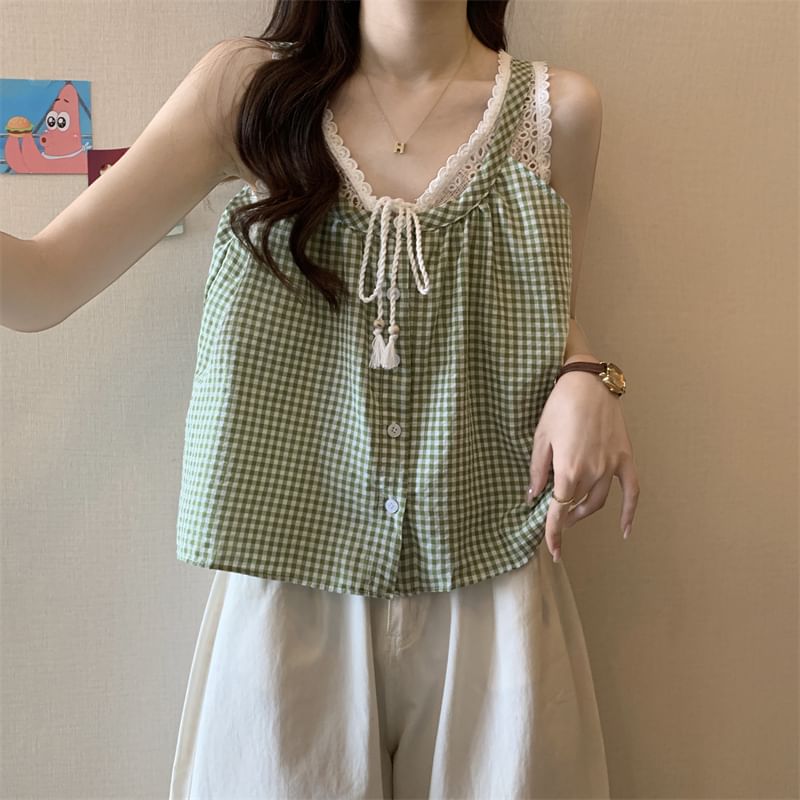 Tank Panel Top Two-Piece Button-Up V-Neck Lace Mock Crop Gingham