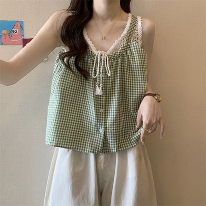 Tank Panel Top Two-Piece Button-Up V-Neck Lace Mock Crop Gingham