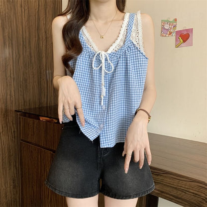Tank Panel Top Two-Piece Button-Up V-Neck Lace Mock Crop Gingham