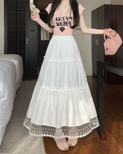 Skirt Waist Trim Lace Panel A-Line Midi Frill High