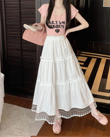 Skirt Waist Trim Lace Panel A-Line Midi Frill High