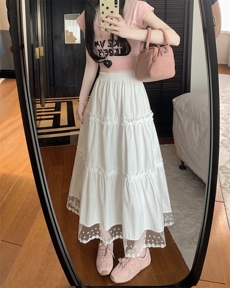 Skirt Waist Trim Lace Panel A-Line Midi Frill High