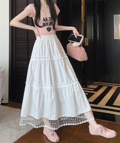 Skirt Waist Trim Lace Panel A-Line Midi Frill High