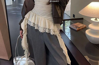 Camisole Asymmetrical Top Cowl Panel Neck Lace Ruffle Hem