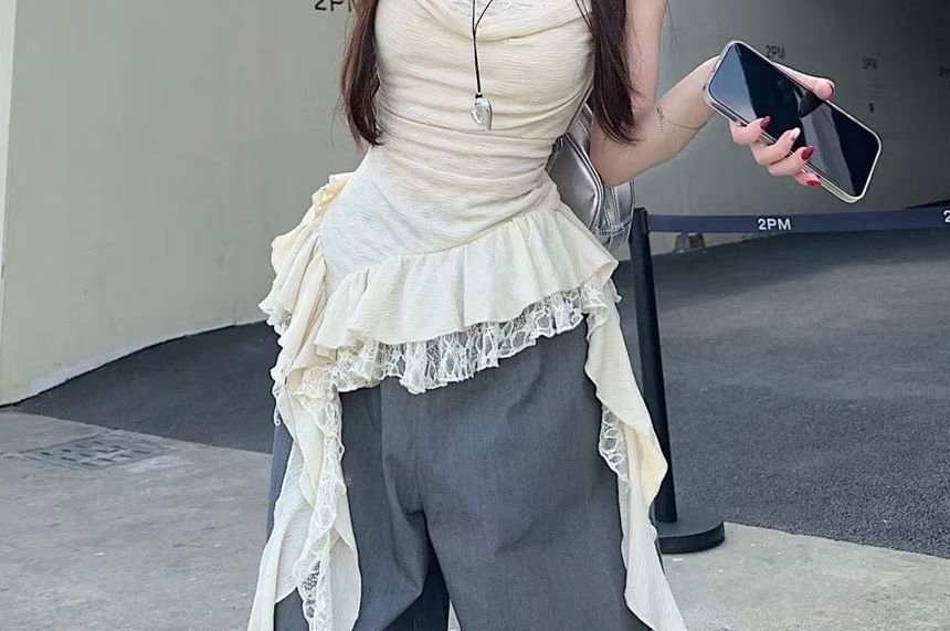 Camisole Asymmetrical Top Cowl Panel Neck Lace Ruffle Hem