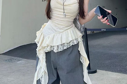 Camisole Asymmetrical Top Cowl Panel Neck Lace Ruffle Hem