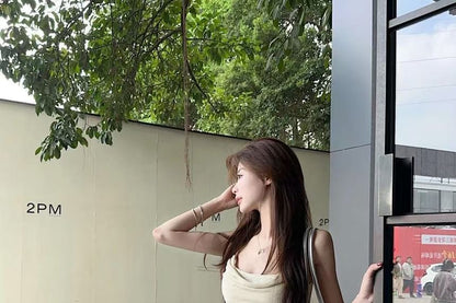 Camisole Asymmetrical Top Cowl Panel Neck Lace Ruffle Hem