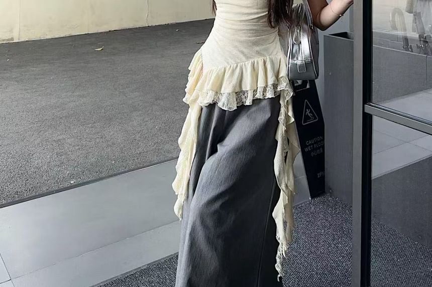 Camisole Asymmetrical Top Cowl Panel Neck Lace Ruffle Hem