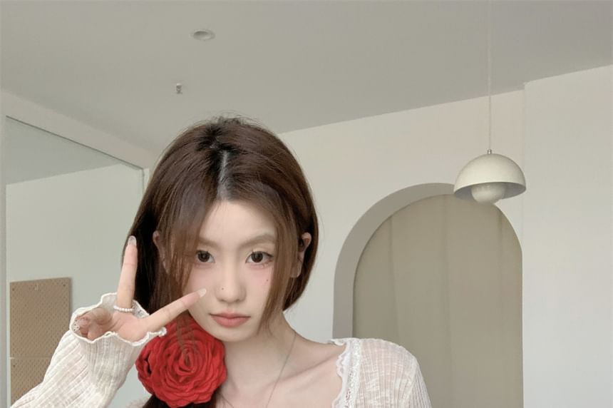 Plain One-Buttoned Cardigan Trim Lace Sheer V-Neck Crop