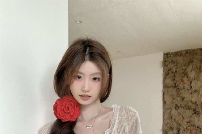 Plain One-Buttoned Cardigan Trim Lace Sheer V-Neck Crop