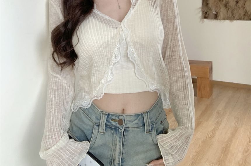 Plain One-Buttoned Cardigan Trim Lace Sheer V-Neck Crop