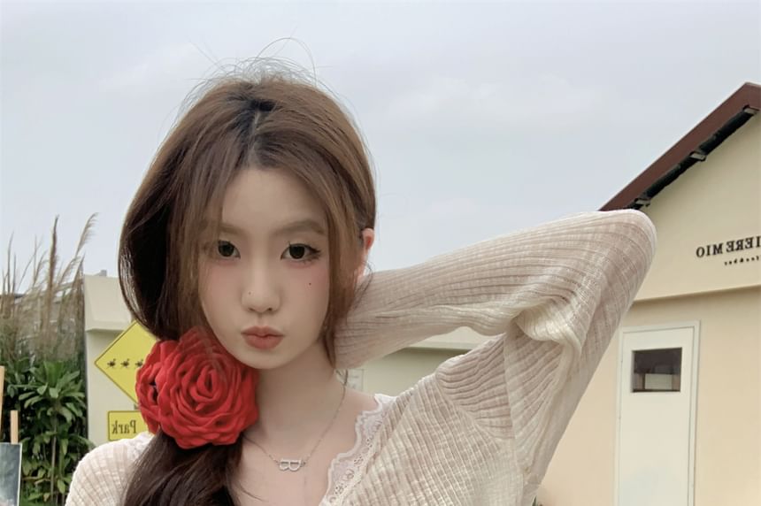 Plain One-Buttoned Cardigan Trim Lace Sheer V-Neck Crop