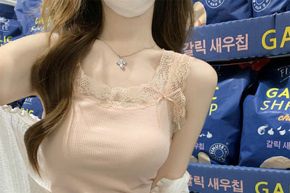 Accent Tank Neck Panel Bow Scoop Slim Lace Fit Crop Top