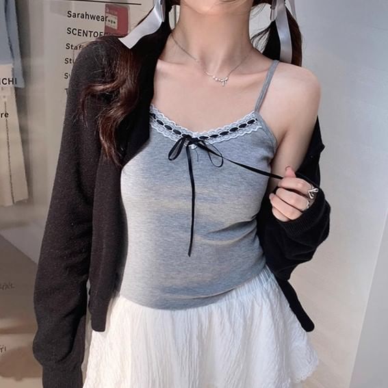 V-Neck Accent Crop Cami Plain Top Lace Trim Bow