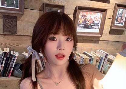 V-Neck Accent Crop Cami Plain Top Lace Trim Bow