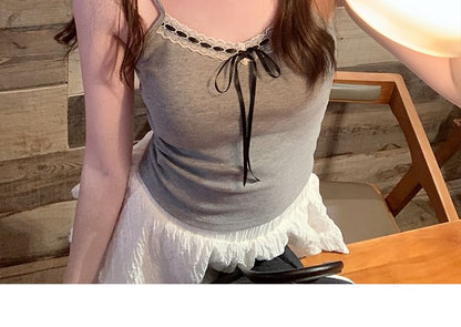 V-Neck Accent Crop Cami Plain Top Lace Trim Bow