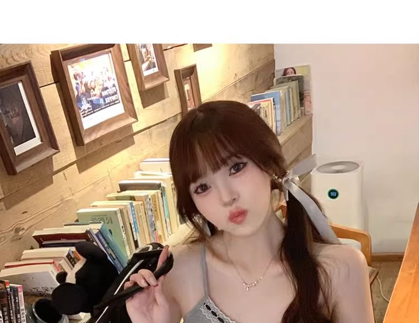 V-Neck Accent Crop Cami Plain Top Lace Trim Bow