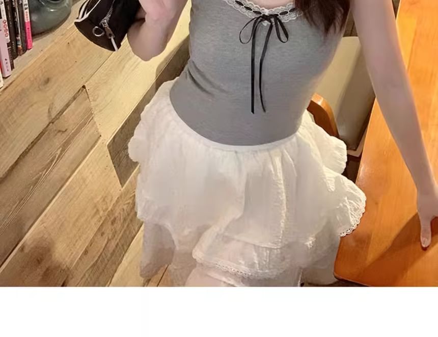 V-Neck Accent Crop Cami Plain Top Lace Trim Bow