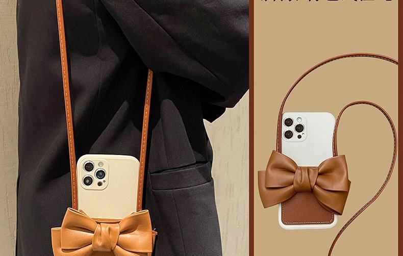 Phone with Leather Card Faux Case Holder Lanyard Bow