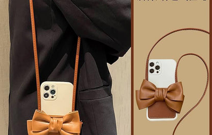 Phone with Leather Card Faux Case Holder Lanyard Bow