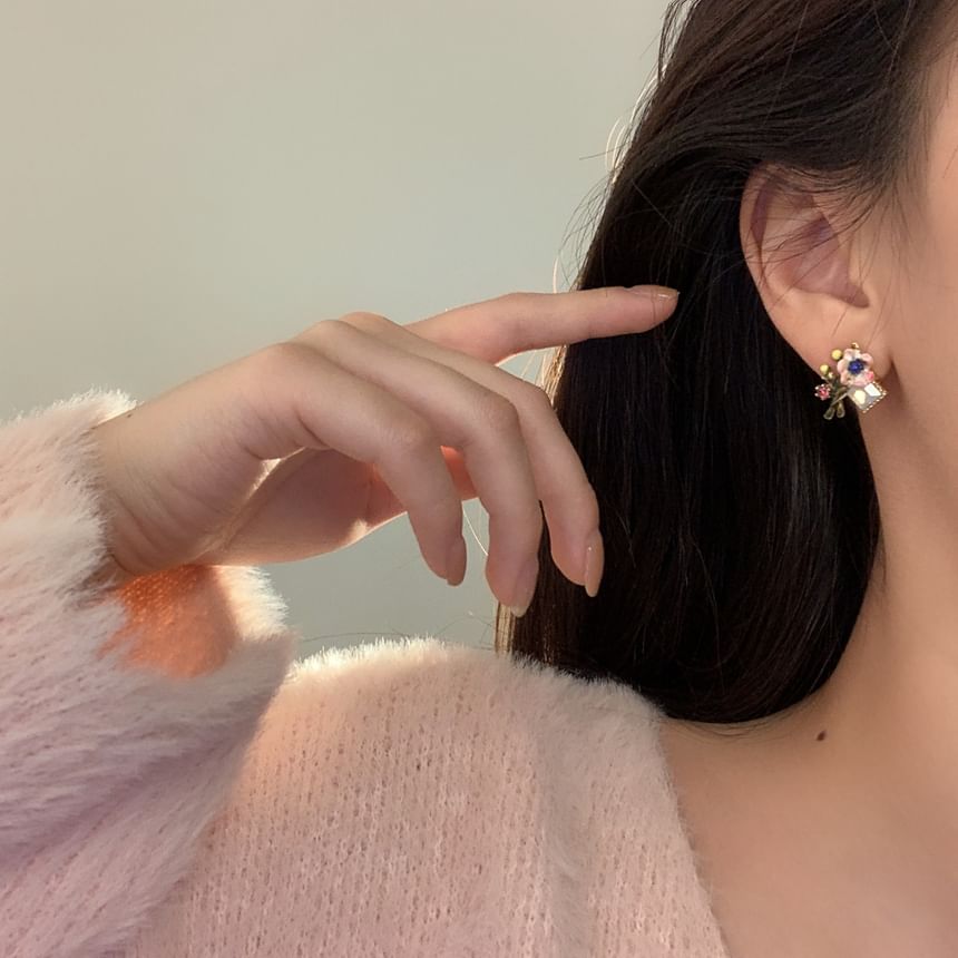 Floral Alloy Asymmetrical Earring Enamel