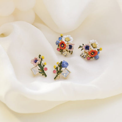 Floral Alloy Asymmetrical Earring Enamel
