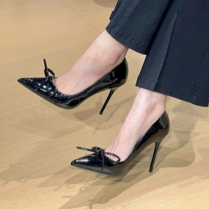 Leather Patent Bow Pumps Pointed Toe Stiletto