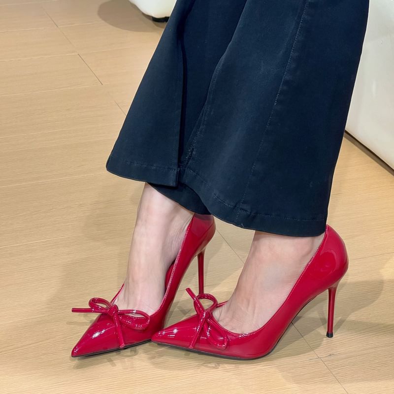 Leather Patent Bow Pumps Pointed Toe Stiletto